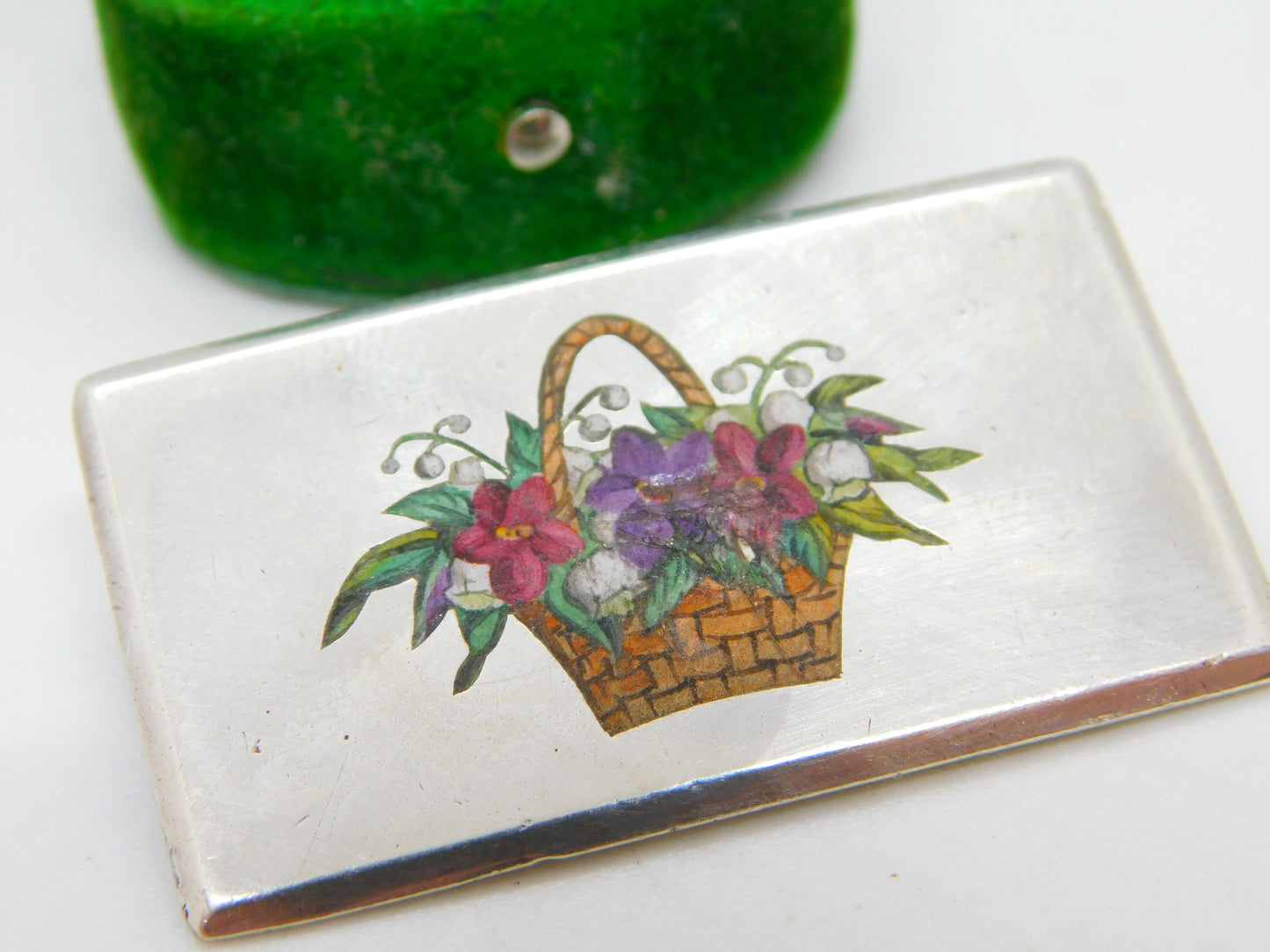 Victorian Sterling Silver & Enamel Floral Basket Sweetheart Brooch Antique 1876