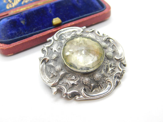 Victorian Scottish Sterling Silver Thistle Form Citrine Set Kilt Brooch Antique c1860