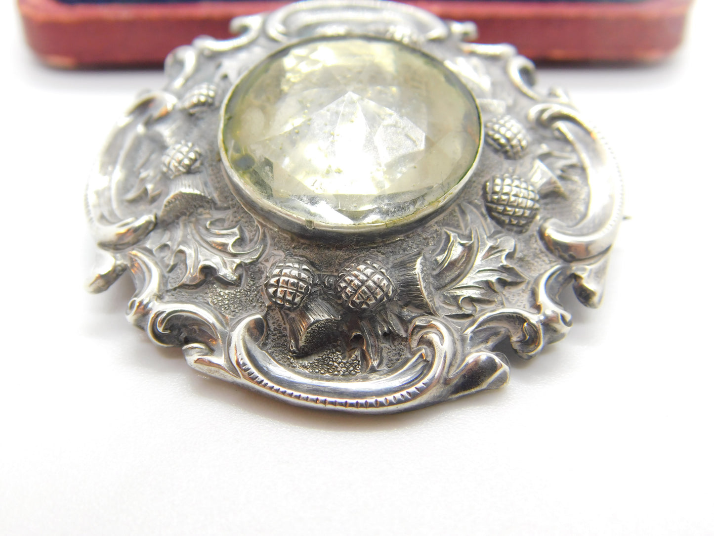 Victorian Scottish Sterling Silver Thistle Form Citrine Set Kilt Brooch Antique c1860