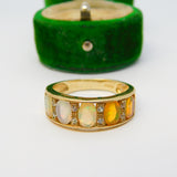 9ct Yellow Gold Five-Stone Fire Opal & Diamond Boat Ring Vintage c1990 Sheffield