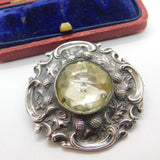 Victorian Scottish Sterling Silver Thistle Form Citrine Set Kilt Brooch Antique c1860