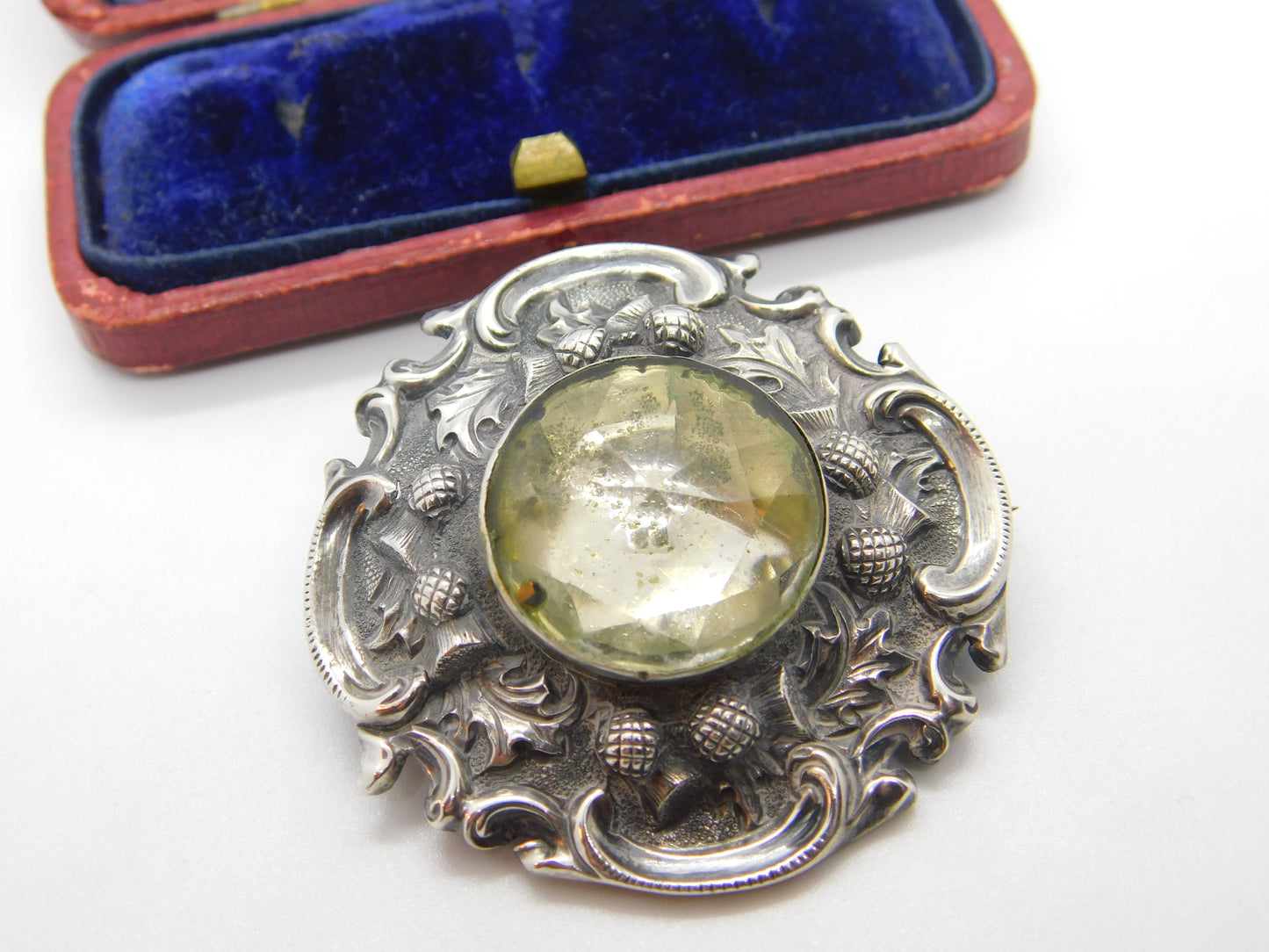 Victorian Scottish Sterling Silver Thistle Form Citrine Set Kilt Brooch Antique c1860