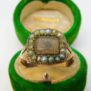 George III 9ct Rose Gold, Seed Pearl & Hair Set Mourning Ring Antique c1800