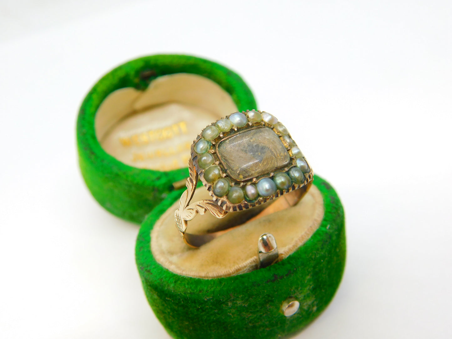 George III 9ct Rose Gold, Seed Pearl & Hair Set Mourning Ring Antique c1800
