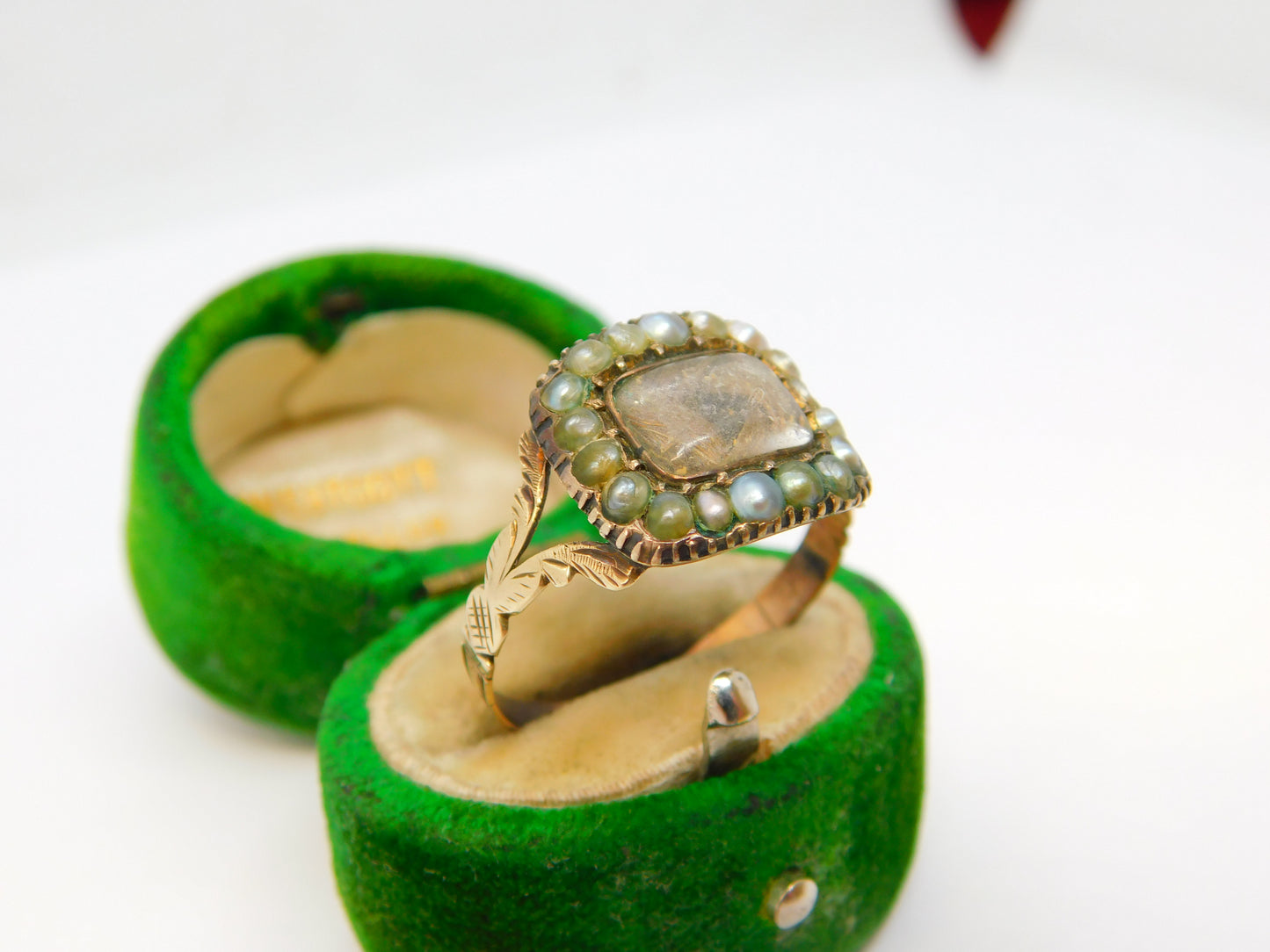 George III 9ct Rose Gold, Seed Pearl & Hair Set Mourning Ring Antique c1800