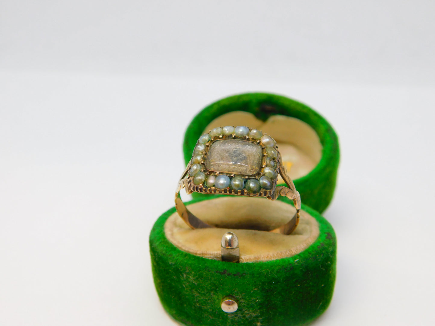George III 9ct Rose Gold, Seed Pearl & Hair Set Mourning Ring Antique c1800