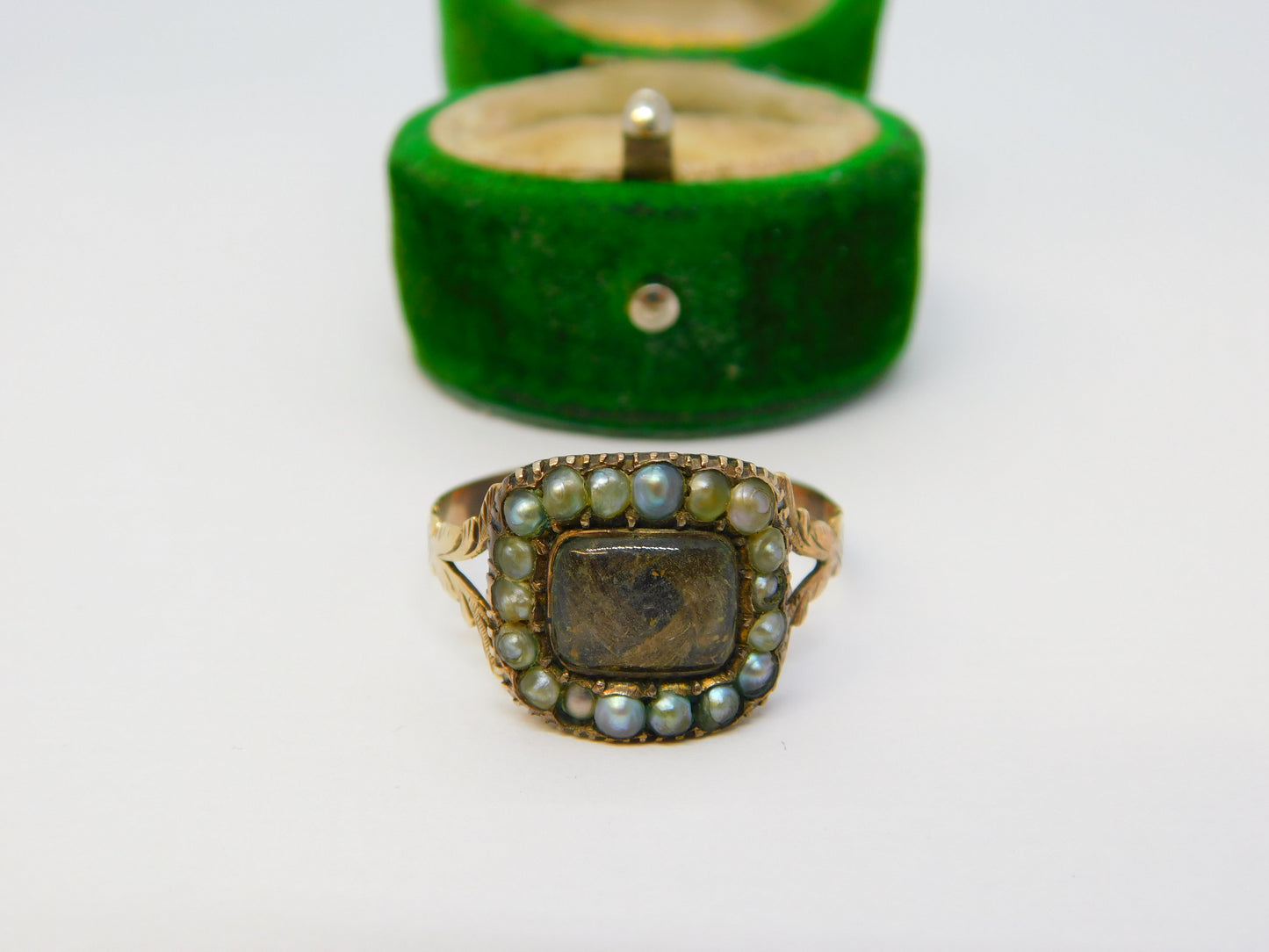 George III 9ct Rose Gold, Seed Pearl & Hair Set Mourning Ring Antique c1800