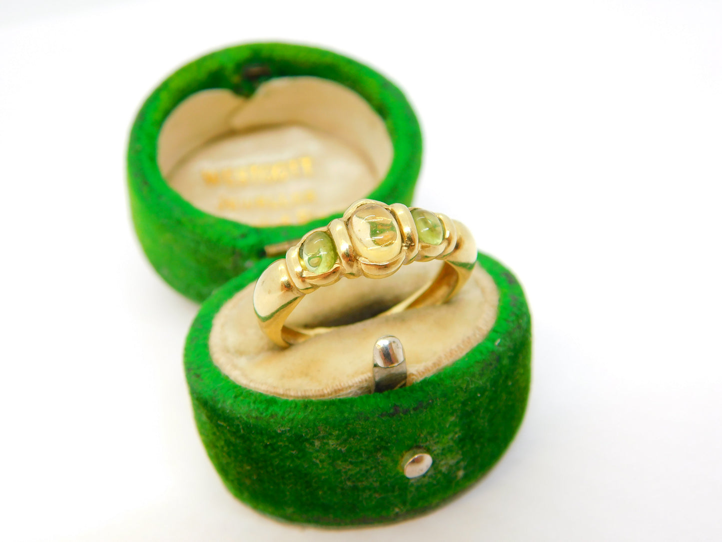 9ct Yellow Gold, Cabochon Cut Peridot & Citrine Band Ring Vintage 1997 London
