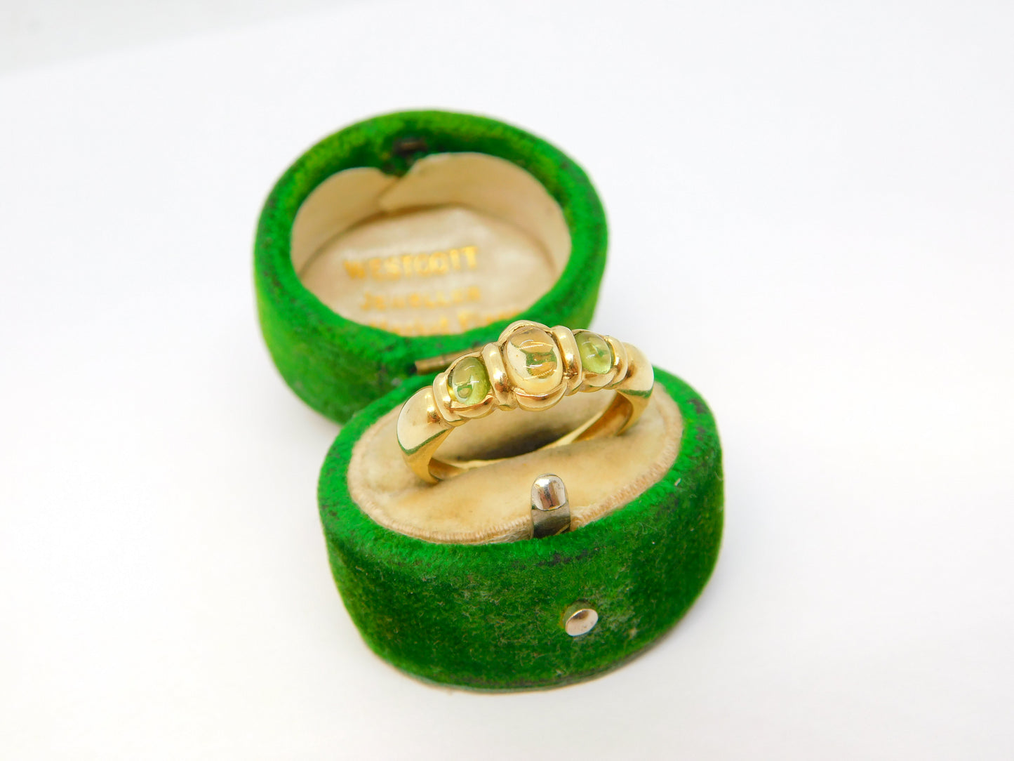 9ct Yellow Gold, Cabochon Cut Peridot & Citrine Band Ring Vintage 1997 London