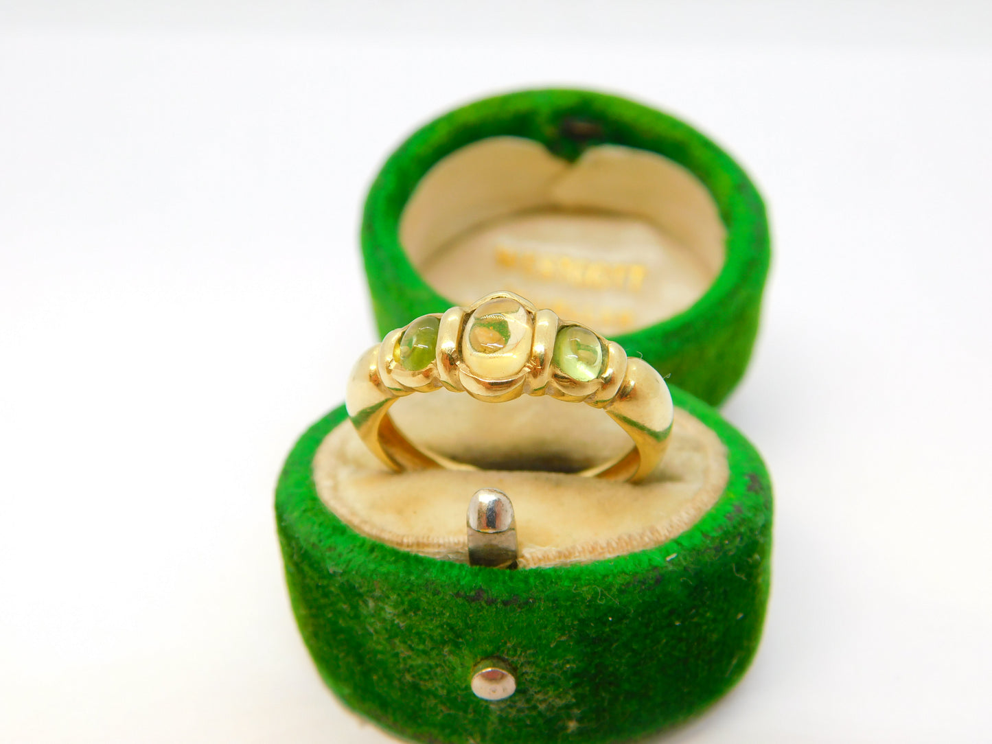 9ct Yellow Gold, Cabochon Cut Peridot & Citrine Band Ring Vintage 1997 London