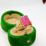 14ct Yellow Gold & Faceted Ruby Set Signet Ring Antique c1920 Art Deco