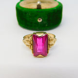 14ct Yellow Gold & Faceted Ruby Set Signet Ring Antique c1920 Art Deco