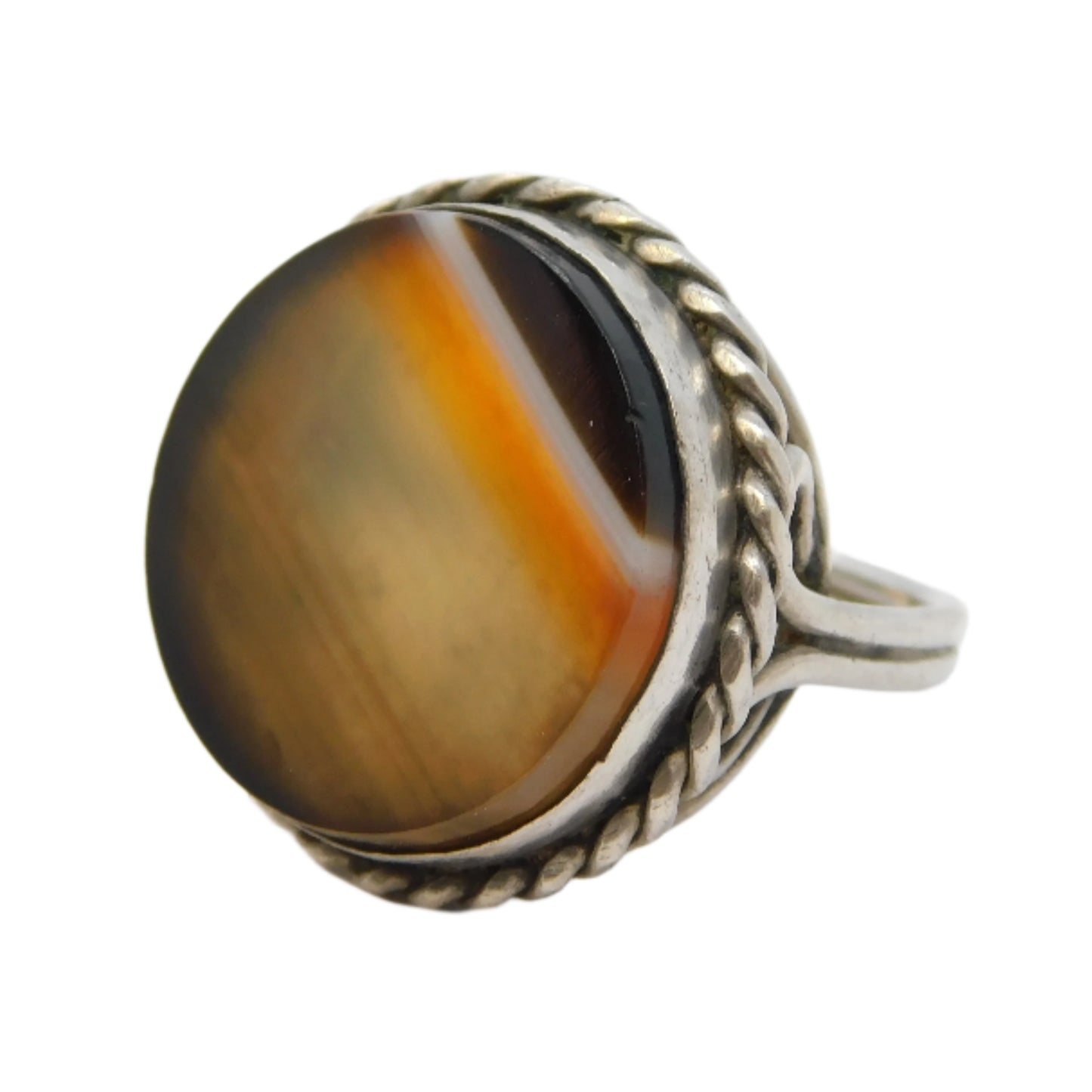 Victorian Sterling Silver & Banded Agate Set Target Ring Antique c1890