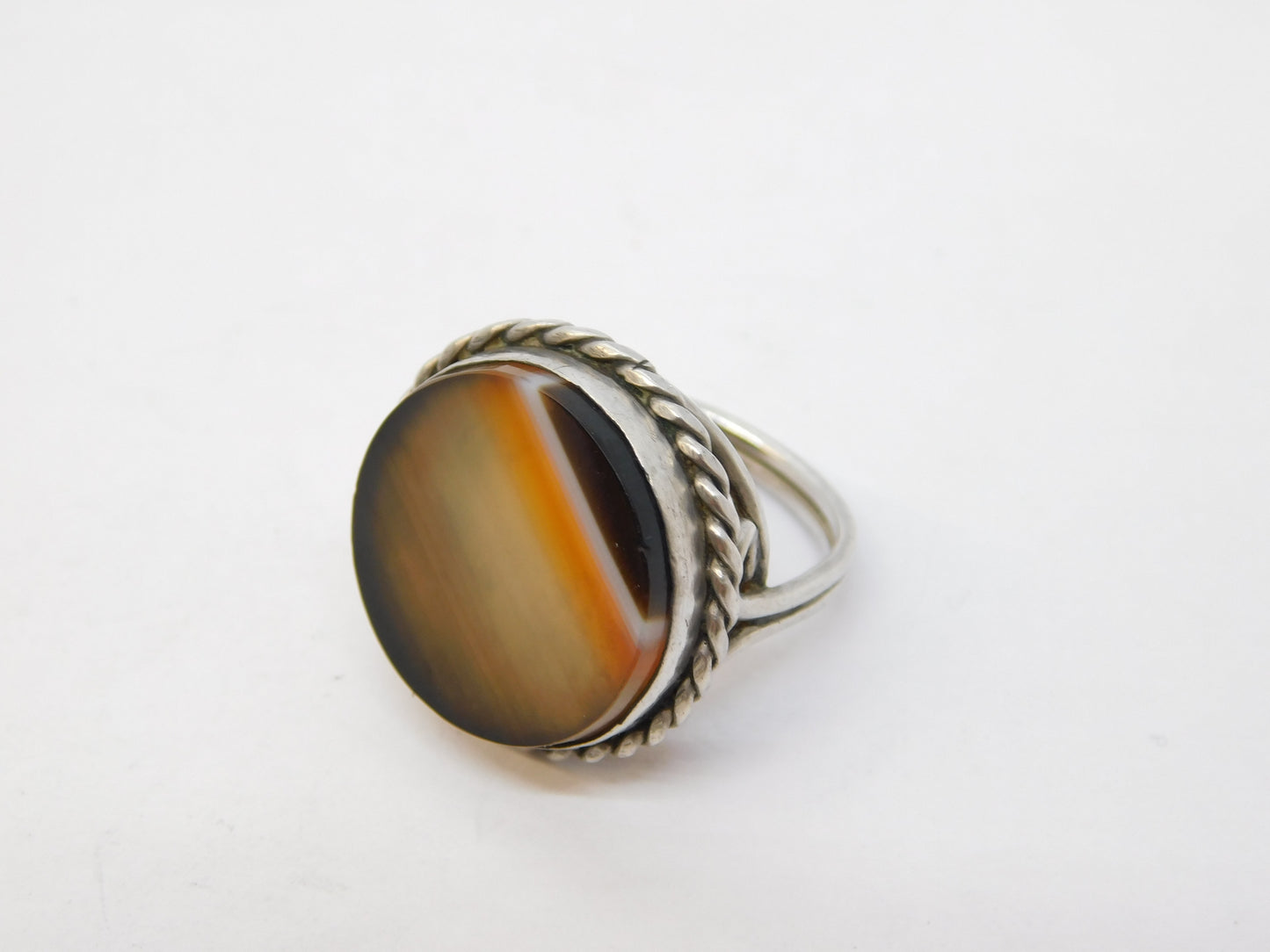 Victorian Sterling Silver & Banded Agate Set Target Ring Antique c1890