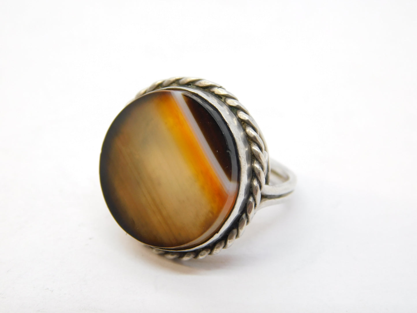 Victorian Sterling Silver & Banded Agate Set Target Ring Antique c1890