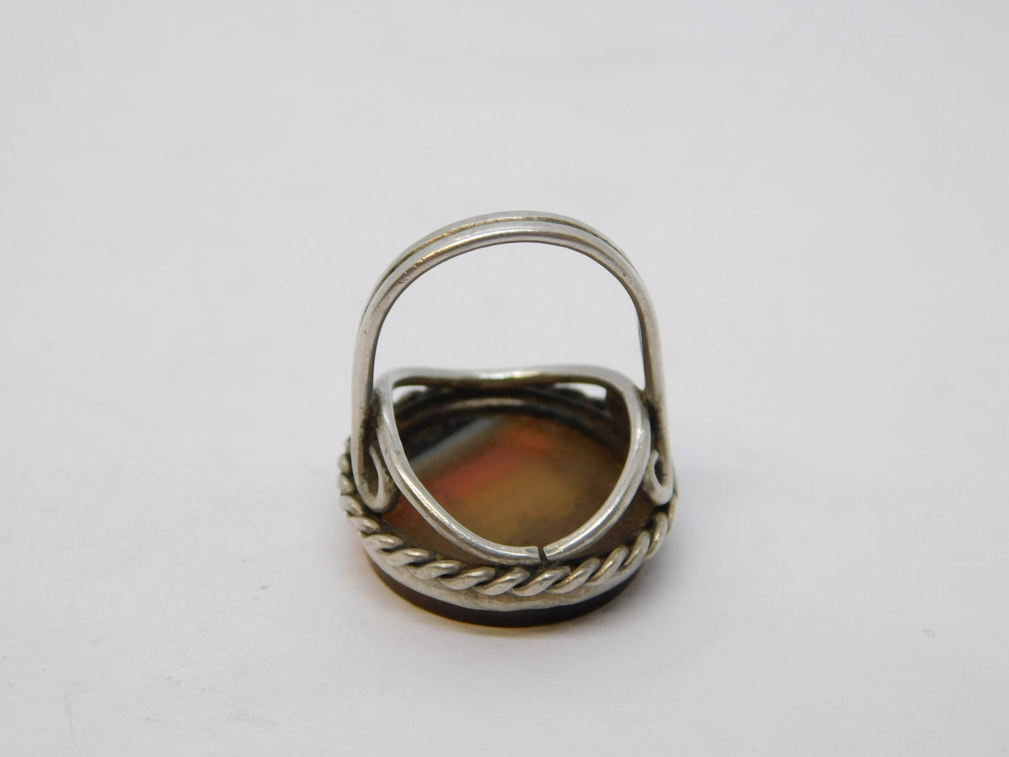 Victorian Sterling Silver & Banded Agate Set Target Ring Antique c1890