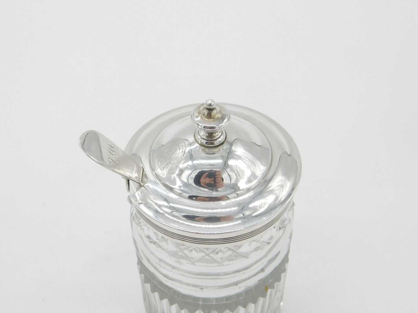 Georgian Sterling Silver & Cut Glass Crested Mustard Pot 1789 London Antique