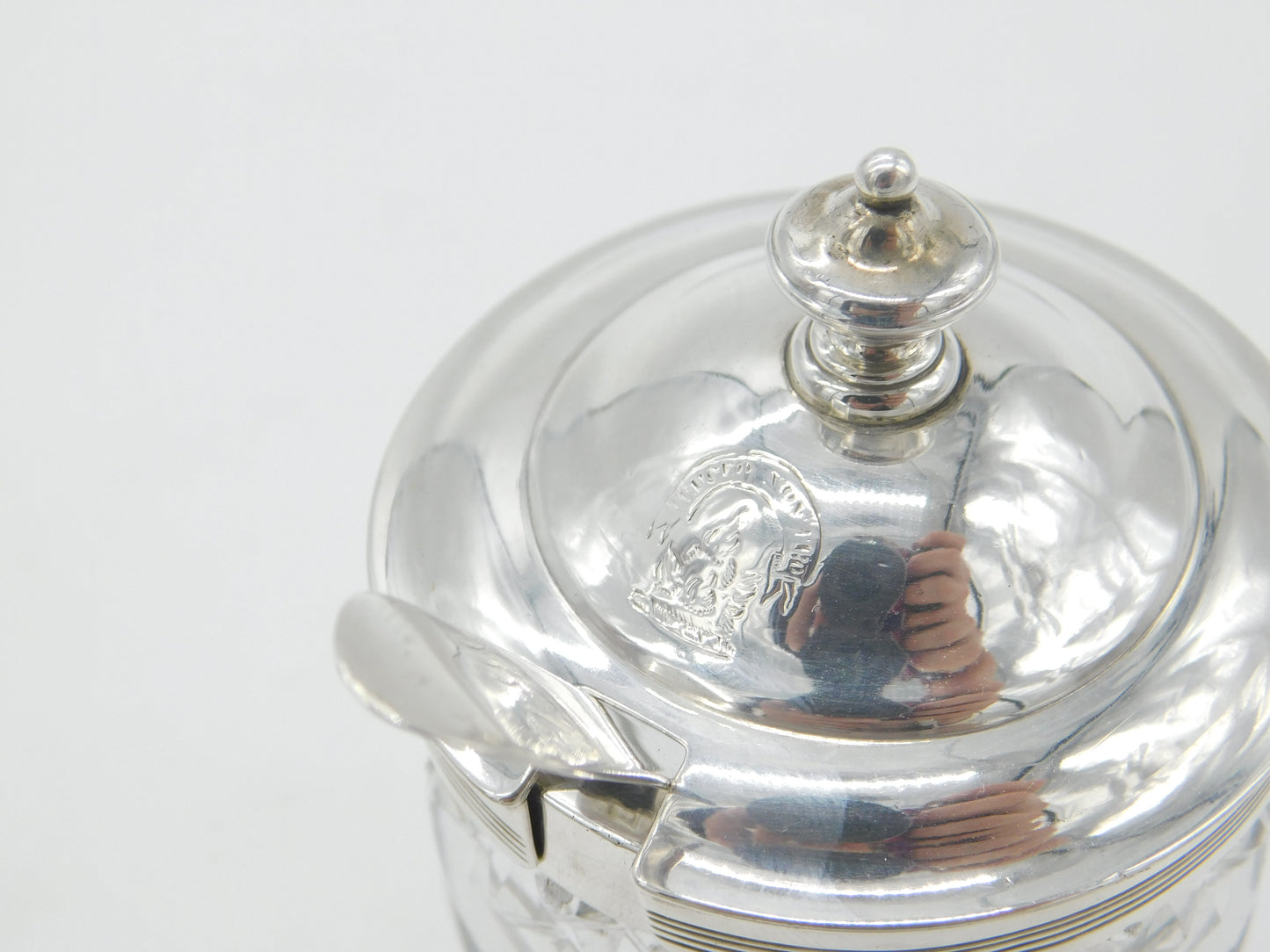 Georgian Sterling Silver & Cut Glass Crested Mustard Pot 1789 London Antique