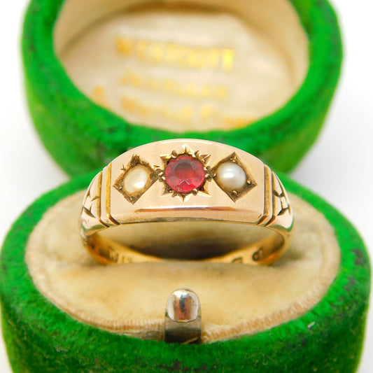 Victorian 22ct Yellow Gold, Garnet & Seed Pearl Boat Ring Antique 1857 Birmingham