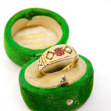 Victorian 22ct Yellow Gold, Garnet & Seed Pearl Boat Ring Antique 1857 Birmingham