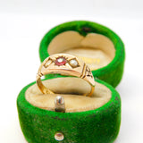 Victorian 22ct Yellow Gold, Garnet & Seed Pearl Boat Ring Antique 1857 Birmingham