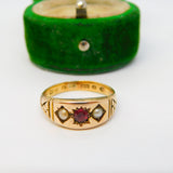 Victorian 22ct Yellow Gold, Garnet & Seed Pearl Boat Ring Antique 1857 Birmingham