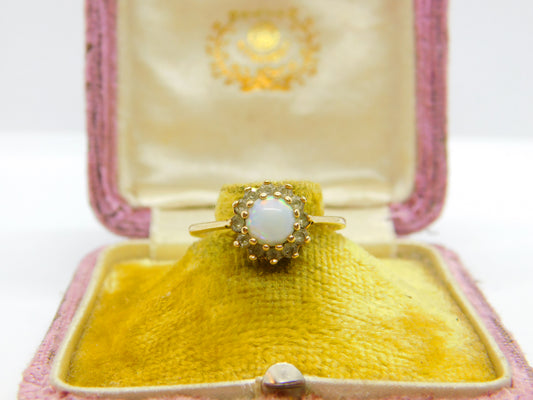 9ct Yellow Gold, Fire Opal & Spinel Floral Cluster Ring 1966 London Vintage