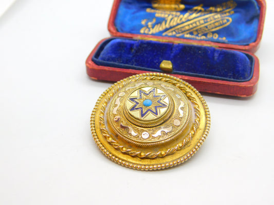 Victorian Pinchbeck Gold, Enamel & Turquoise Sweetheart Brooch c1860 Antique