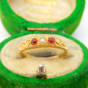 19th Century French 22ct Gold, Garnet & Seed Pearl Floral Dress Ring Antique c1860