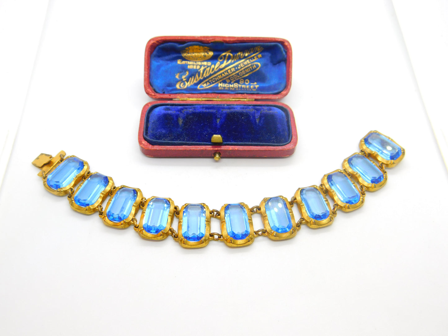 Victorian Yellow Metal & Large Blue Emerald Cut Paste Stone Panel Bracelet c1900