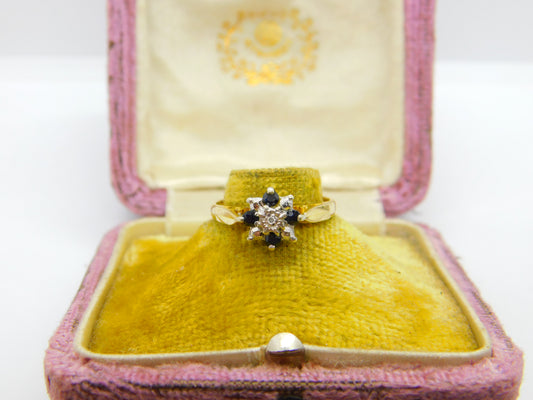 9ct Yellow Gold, Sapphire & Diamond Set Floral Cluster Ring 1979 Birmingham