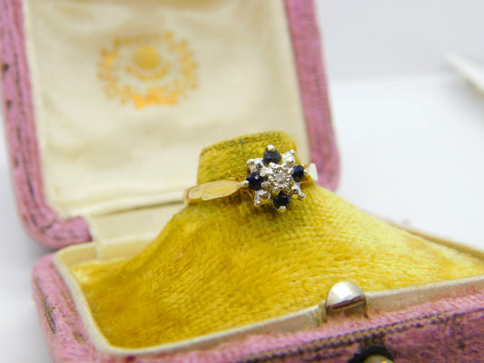 9ct Yellow Gold, Sapphire & Diamond Set Floral Cluster Ring 1979 Birmingham