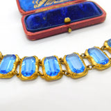 Victorian Yellow Metal & Large Blue Emerald Cut Paste Stone Panel Bracelet c1900