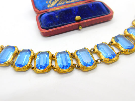 Victorian Yellow Metal & Large Blue Emerald Cut Paste Stone Panel Bracelet c1900