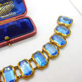 Victorian Yellow Metal & Large Blue Emerald Cut Paste Stone Panel Bracelet c1900