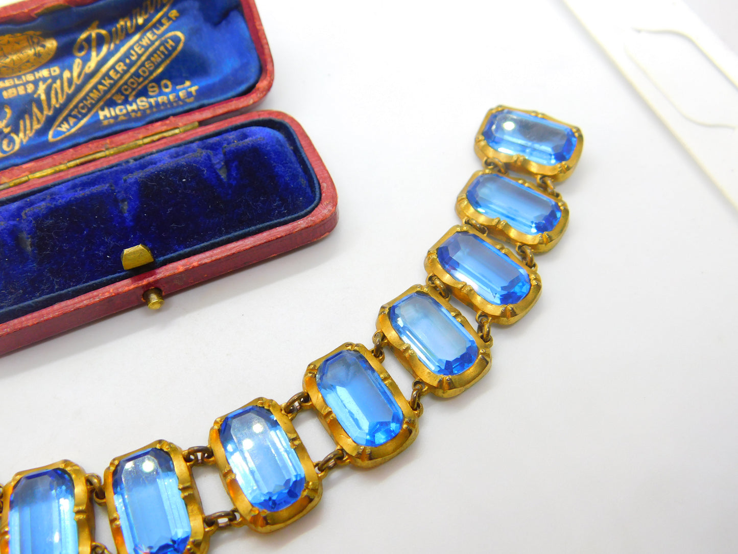 Victorian Yellow Metal & Large Blue Emerald Cut Paste Stone Panel Bracelet c1900