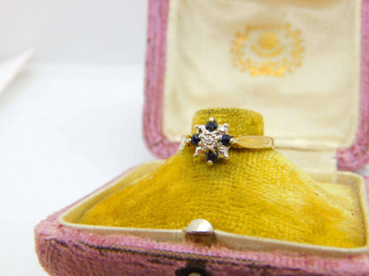 9ct Yellow Gold, Sapphire & Diamond Set Floral Cluster Ring 1979 Birmingham