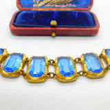 Victorian Yellow Metal & Large Blue Emerald Cut Paste Stone Panel Bracelet c1900