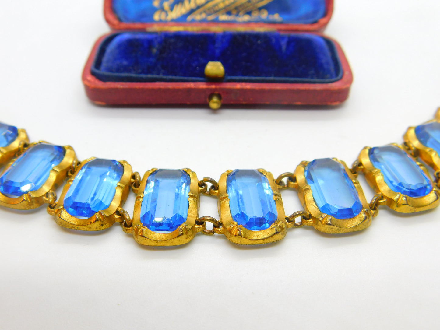 Victorian Yellow Metal & Large Blue Emerald Cut Paste Stone Panel Bracelet c1900