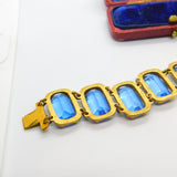Victorian Yellow Metal & Large Blue Emerald Cut Paste Stone Panel Bracelet c1900