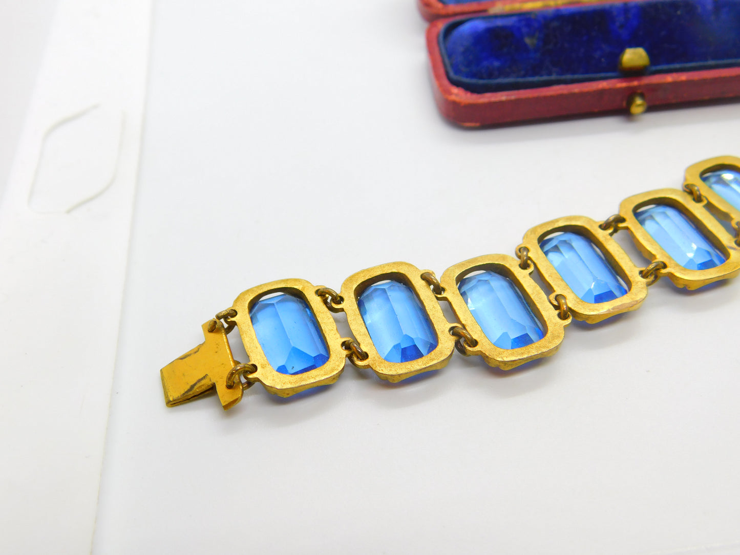 Victorian Yellow Metal & Large Blue Emerald Cut Paste Stone Panel Bracelet c1900