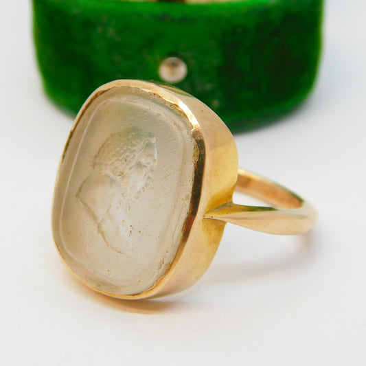 George I 9ct Gold Set Rock Crystal Intaglio Seal 'Samuel Pepys' Signet Ring c1710