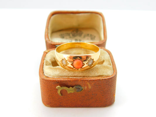 Victorian 18ct Yellow Gold, Seed Pearl & Coral Boat Ring c1880 Antique Size P UK