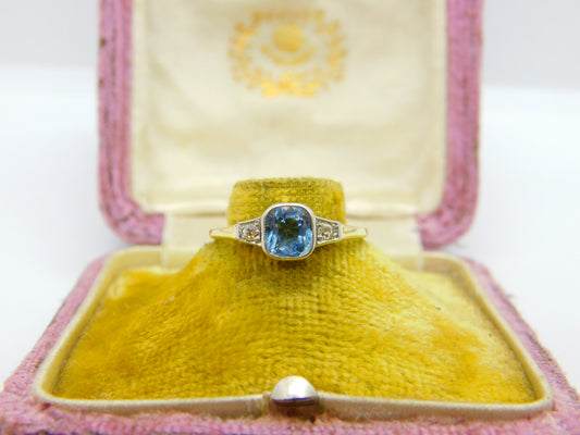 Victorian 18ct Yellow Gold, Aquamarine & Diamond Dress Ring c1900 Antique