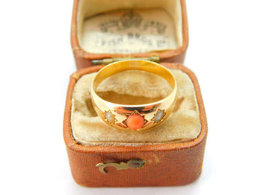 Victorian 18ct Yellow Gold, Seed Pearl & Coral Boat Ring c1880 Antique Size P UK