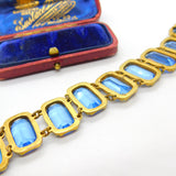 Victorian Yellow Metal & Large Blue Emerald Cut Paste Stone Panel Bracelet c1900