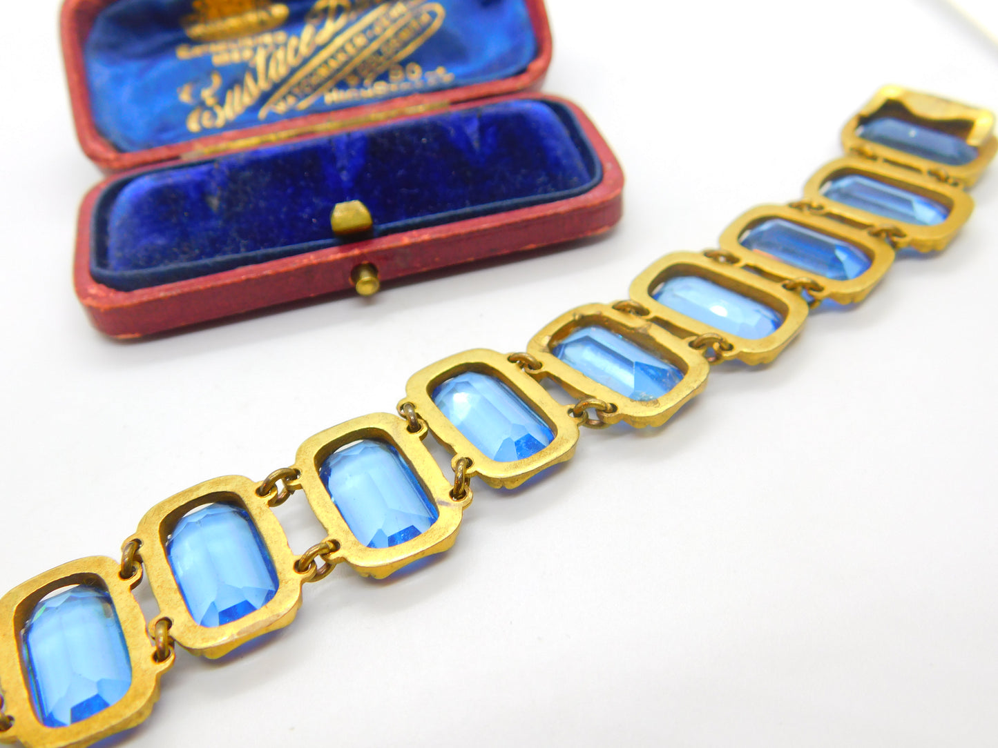 Victorian Yellow Metal & Large Blue Emerald Cut Paste Stone Panel Bracelet c1900