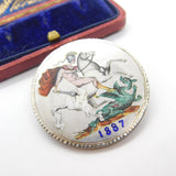Victorian Sterling Silver & Enamel Crown Coin Brooch Antique 1887 Jubilee