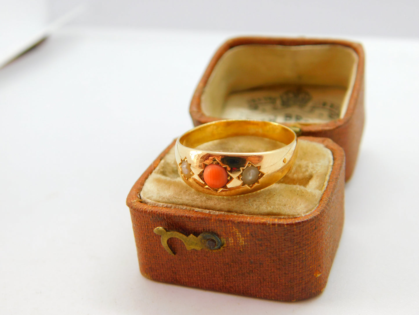 Victorian 18ct Yellow Gold, Seed Pearl & Coral Boat Ring c1880 Antique Size P UK