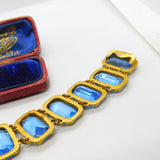 Victorian Yellow Metal & Large Blue Emerald Cut Paste Stone Panel Bracelet c1900